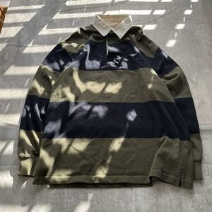 Vintage L.L. Bean Rugby Striped Long Sleeve green blue Polo Shirt Mens Large